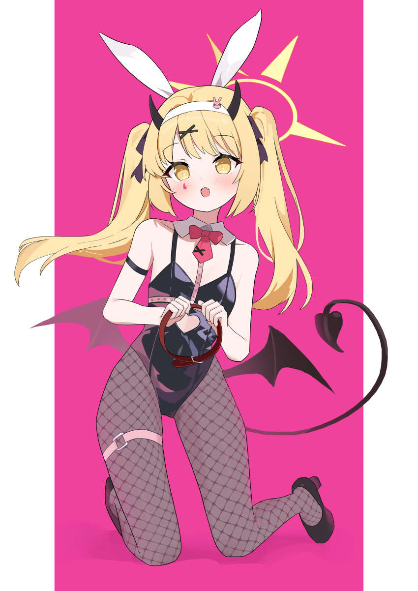 1girl :d absurdres alternate_costume animal_ears armlet belt belt_collar black_leotard blonde_hair blue_archive collar collarbone commentary_request demon_girl demon_horns demon_tail demon_wings detached_collar dodo24850918 facial_tattoo fake_animal_ears fang fishnet_pantyhose fishnets hair_between_eyes hair_ornament hairband halo high_heels highres holding holding_collar horns ibuki_(blue_archive) kneeling leotard long_hair looking_at_viewer necktie pantyhose playboy_bunny rabbit_ears rabbit_hole_(vocaloid) red_necktie sidelocks simple_background smile solo tail tattoo thigh_belt thigh_strap twintails wings x_hair_ornament yellow_eyes