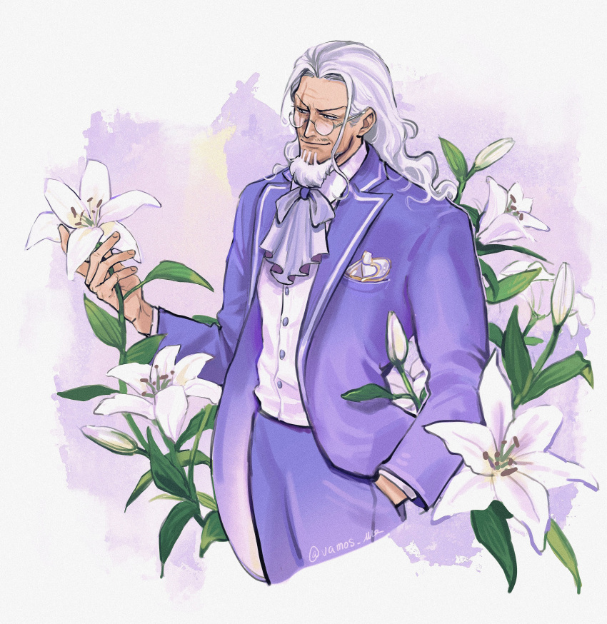 1boy absurdres ascot bright_pupils bud buttons cowboy_shot dress_shirt facial_hair flower formal glasses goatee hand_in_pocket highres holding holding_flower jacket lapels lily_(flower) long_hair male_focus mature_male mustache_stubble notched_lapels old old_man one_piece pants purple_ascot purple_jacket purple_pants purple_suit round_eyewear scar scar_across_eye shirt silvers_rayleigh smile solo stubble suit twitter_username vamos_mk white_background white_facial_hair white_flower white_hair white_lily white_pupils white_shirt