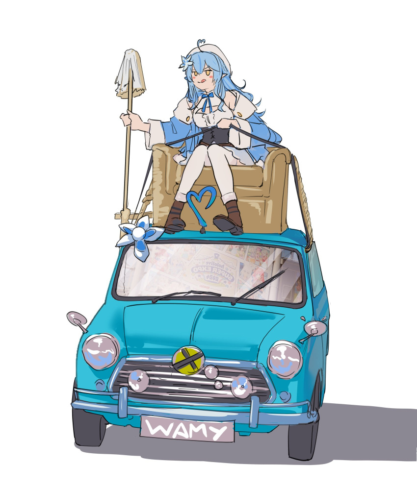 1girl :q ahoge blue_bow blue_bowtie blue_car blue_hair boots bow bowtie brown_footwear car coat commentary couch english_commentary flower flower_on_head hair_ornament heart heart_ahoge highres holding holding_mop hololive hyde_(tabakko) long_hair mop motor_vehicle mr_bean_(series) on_couch open_clothes open_coat pointy_ears solo tongue tongue_out virtual_youtuber white_headwear winter_clothes yellow_eyes yukihana_lamy yukihana_lamy_(1st_costume)