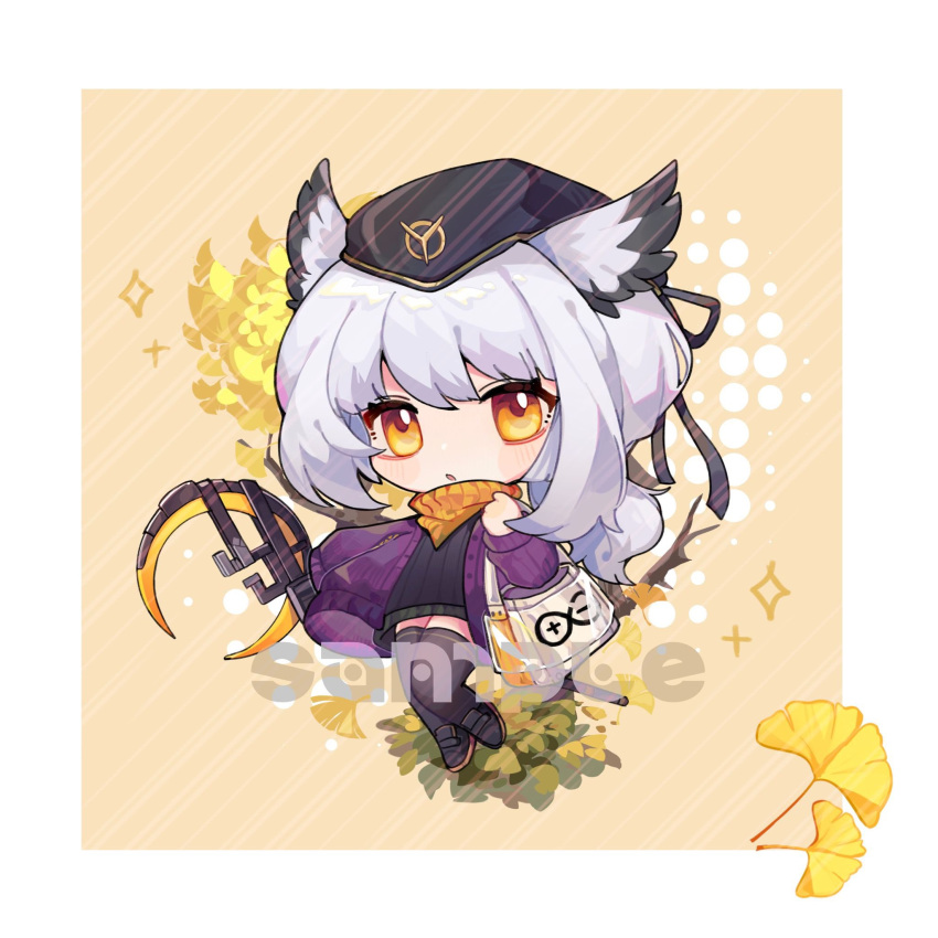 1girl :o arknights bag black_dress black_footwear black_headwear black_thighhighs blush border cardigan chibi commentary dress ginkgo_leaf grey_hair hat highres holding holding_staff leaf long_hair looking_at_viewer nitrogen_owo orange_scarf owl_ears ptilopsis_(arknights) ptilopsis_(serenity)_(arknights) purple_cardigan rhine_lab_logo sample_watermark scarf simple_background solo staff symbol-only_commentary thighhighs watermark yellow_background yellow_eyes