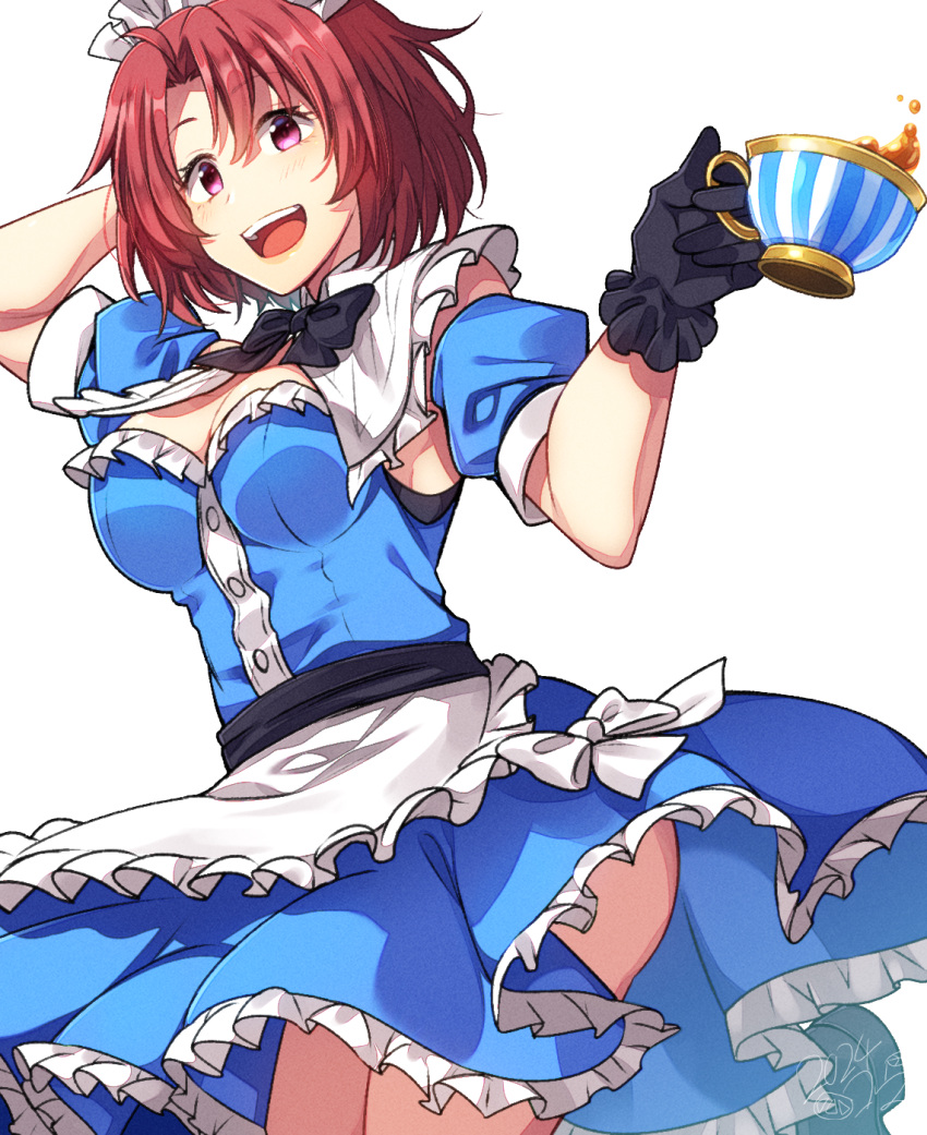 1girl alternate_costume apron armpits ass blue_dress breasts cleavage cow_girl_(goblin_slayer!) cup dress frills gloves goblin_slayer goblin_slayer! highres kankitukou large_breasts looking_at_viewer maid maid_apron maid_headdress purple_eyes red_hair smile tea teacup thighs