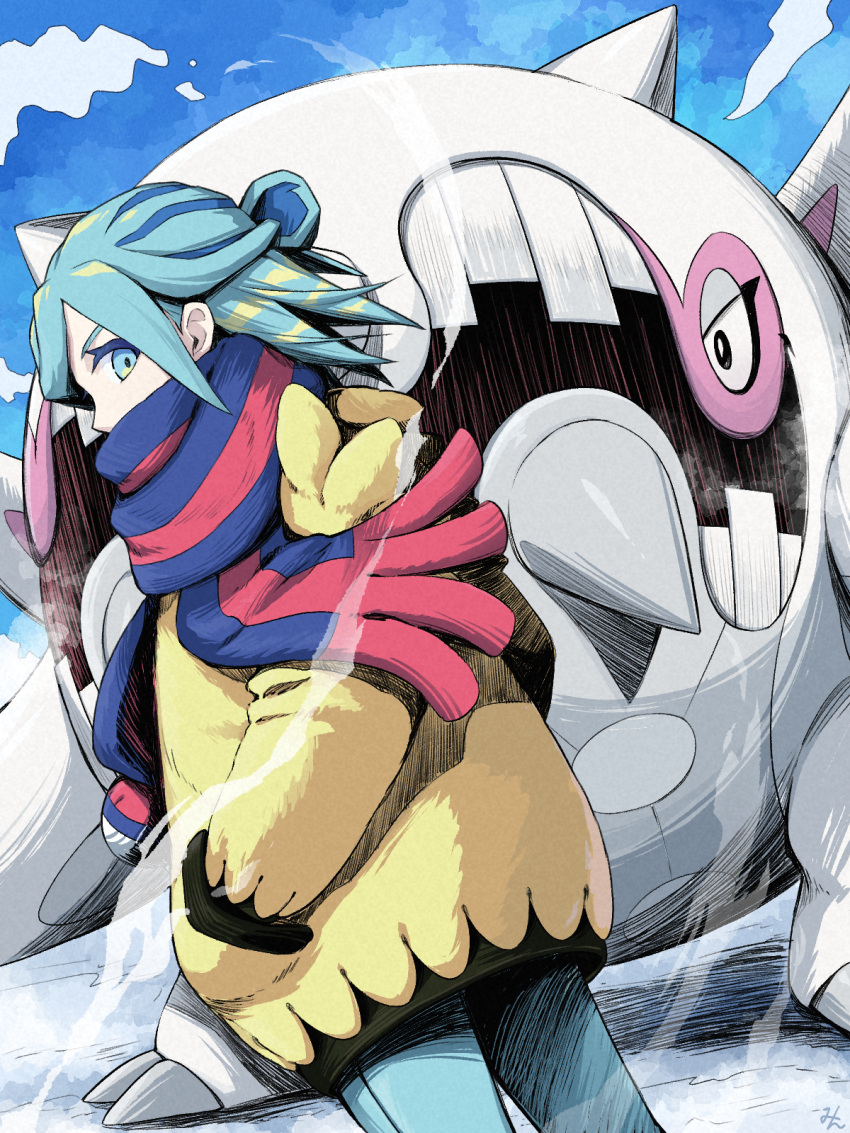 1boy aqua_eyes aqua_hair aqua_pants blue_scarf cetitan cloud commentary_request day grusha_(pokemon) hair_bun hand_in_pocket highres jacket looking_at_viewer looking_to_the_side male_focus min_(myna8247) outdoors pants pokemon pokemon_sv scarf sky standing striped_clothes striped_scarf yellow_jacket