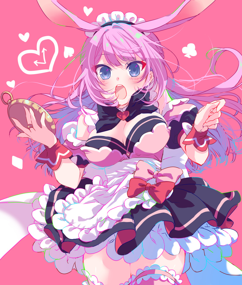 1girl animal_ears apron assault_lily black_bow black_bowtie black_dress blue_eyes blush bow bowtie breasts cleavage club_(shape) commentary detached_sleeves diamond_(shape) dress dress_bow floating_hair frilled_apron frilled_dress frills half_updo hands_up heart highres holding holding_pocket_watch jewelry kemonomimi_mode long_hair looking_at_viewer maid maid_headdress medium_breasts nari_(mokemokenari) official_alternate_costume official_alternate_hairstyle open_mouth pink_background pink_bow pink_thighhighs pocket_watch puffy_short_sleeves puffy_sleeves rabbit_ears red_bow ring sadamori_himeka short_sleeves simple_background sleeveless sleeveless_dress solo spade_(shape) standing teeth thighhighs two-tone_dress upper_teeth_only waist_apron watch white_apron white_dress wrist_cuffs