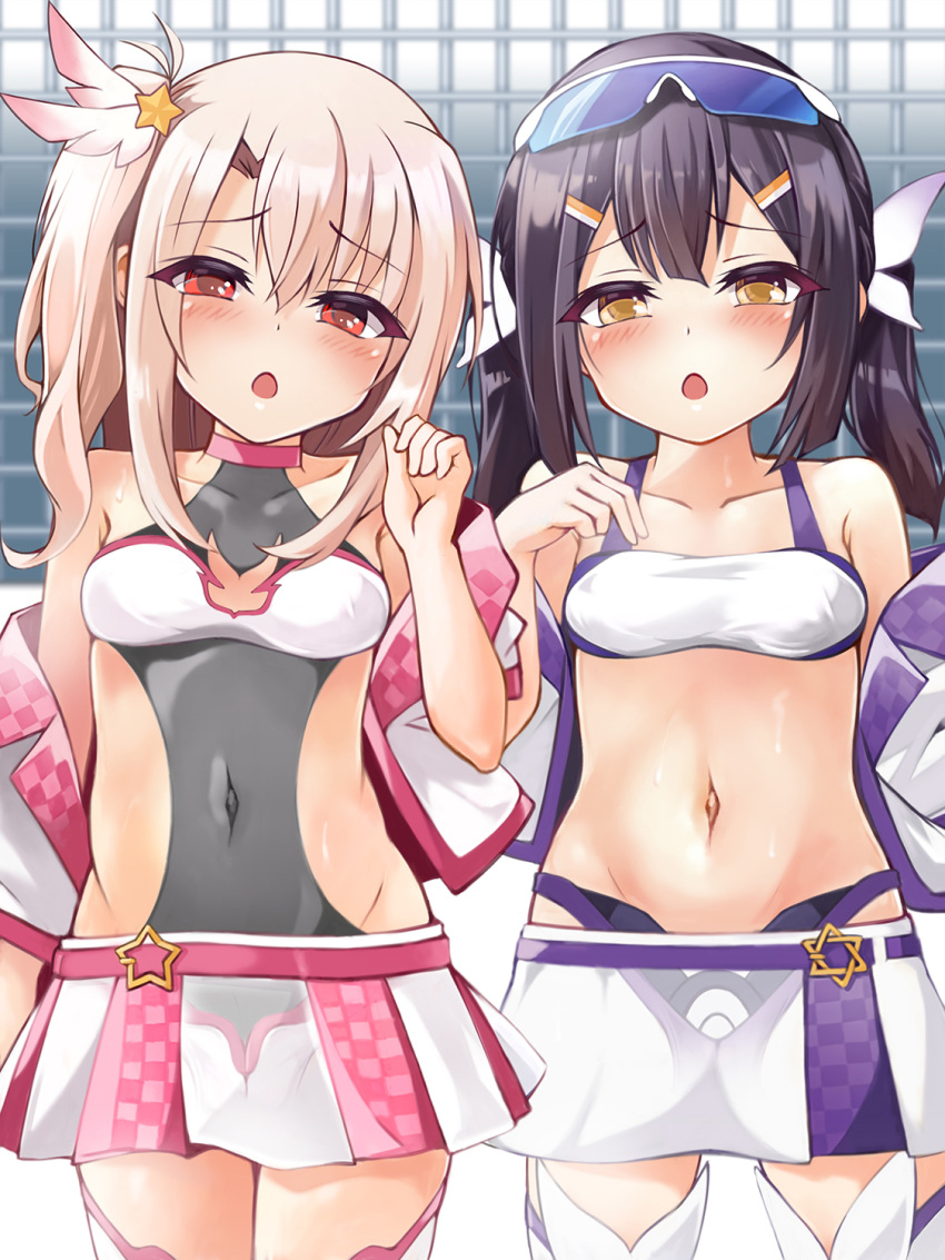 2girls black_hair blush breasts brown_eyes covered_navel fate/kaleid_liner_prisma_illya fate_(series) feather_hair_ornament feathers hair_ornament hairclip highres illyasviel_von_einzbern long_hair long_sleeves looking_at_viewer miyu_edelfelt mochi_(k620803n) multiple_girls navel one_side_up open_mouth race_queen red_eyes sidelocks small_breasts twintails white_hair