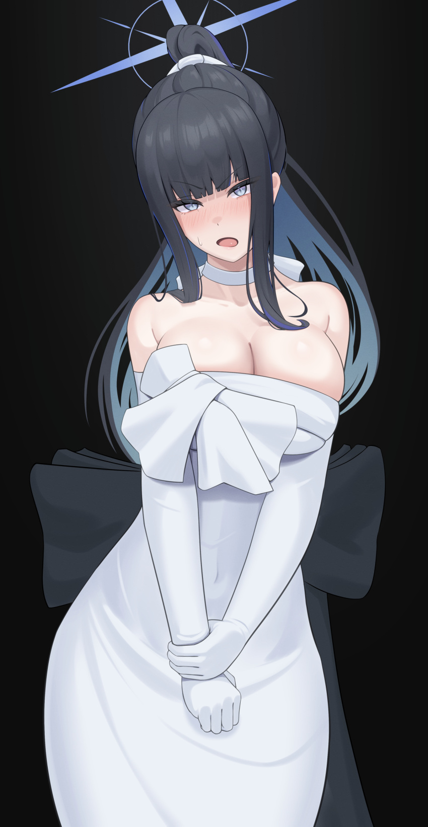 1girl absurdres bare_shoulders black_hair blue_archive blue_eyes blue_hair blush breasts choker cleavage collarbone colored_inner_hair dress elbow_gloves gloves hair_ribbon halo highres large_breasts long_hair looking_at_viewer meron_(mblalula) multicolored_hair open_mouth ponytail ribbon saori_(blue_archive) saori_(dress)_(blue_archive) solo white_dress white_gloves