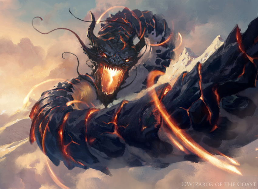 animal_focus black_horns blue_sky cloud colossus commentary company_name dragon english_commentary facing_viewer glowing glowing_eyes glowing_mouth greg_rutkowski horns lava magic:_the_gathering monster mountain no_humans official_art open_mouth orange_eyes orange_sky outdoors painterly ryusei_(magic:_the_gathering) sharp_teeth sky solo teeth wyrm