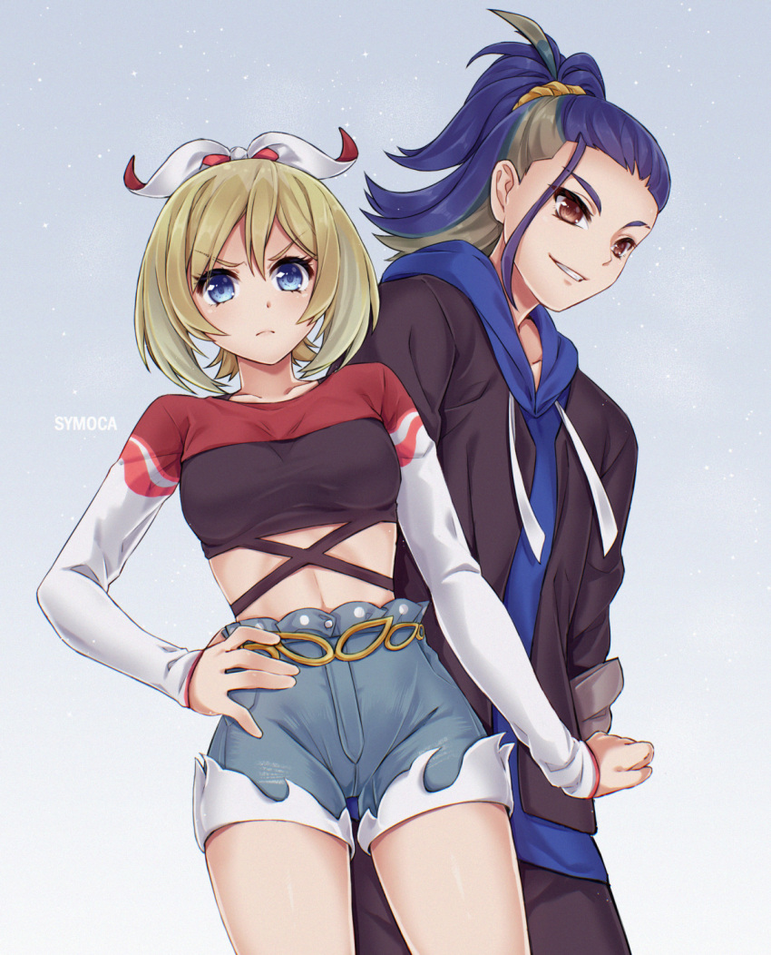 1boy 1girl adaman_(pokemon) adaman_(special_costume)_(pokemon) artist_name blonde_hair blue_eyes blue_hoodie breasts brown_eyes collarbone cowboy_shot denim denim_shorts eyebrow_cut gradient_background grey_background hand_on_own_hip highres hood hoodie irida_(pokemon) irida_(special_costume)_(pokemon) looking_at_viewer medium_breasts midriff multicolored_hair navel official_alternate_costume pokemon pokemon_masters_ex shorts symoca two-tone_hair