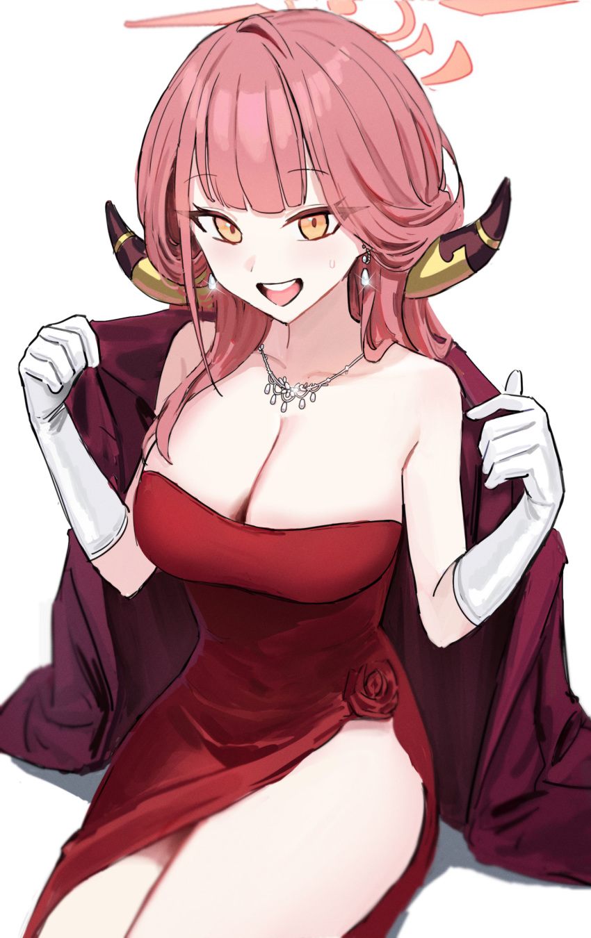 1girl aru_(blue_archive) aru_(dress)_(blue_archive) blue_archive blush breasts brown_coat brown_horns cleavage coat coat_on_shoulders collarbone demon_horns dress earrings gloves halo highres horns jewelry long_hair looking_at_viewer necklace official_alternate_costume open_mouth pink_hair pink_halo purple_z red_dress solo white_gloves yellow_eyes