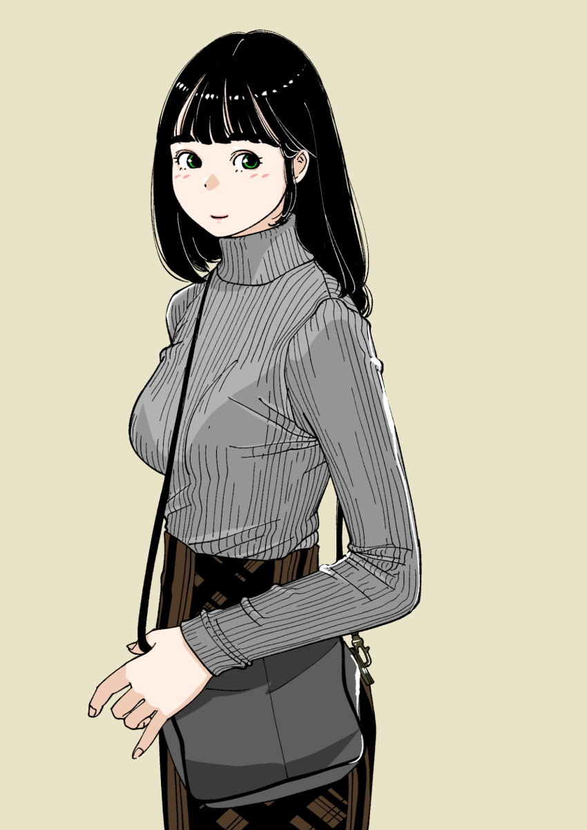 1girl bag black_bag black_hair brown_skirt casual green_eyes grey_sweater high-waist_skirt highres long_hair looking_at_viewer original plaid plaid_skirt sakamoto_giulietta shoulder_bag simple_background skirt solo standing sweater three_quarter_view turtleneck turtleneck_sweater vertical-striped_sweater