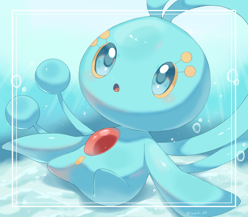 :o antennae artist_name blue_eyes blue_skin bubble colored_sclera colored_skin commentary_request eyelashes highres iwasi_29 looking_up manaphy no_humans pokemon pokemon_(creature) twitter_username underwater yellow_sclera