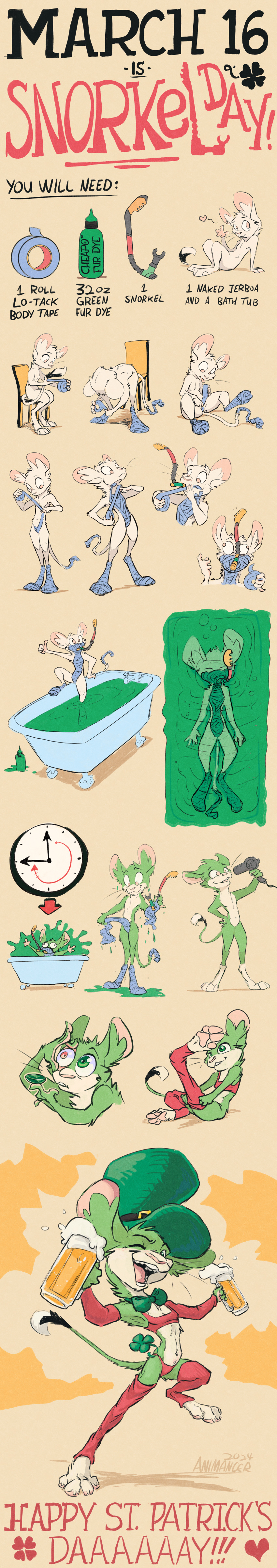 absurd_res alcohol animancer bath_tub beer beverage body_tape comic contact_lenses dipodid fur green_body green_eyes green_fur hi_res holidays huge_filesize jerboa long_image luck_(animancer) mammal nude pink_eyes rodent shamrock snorkel st._patrick's_day tall_image white_body white_fur