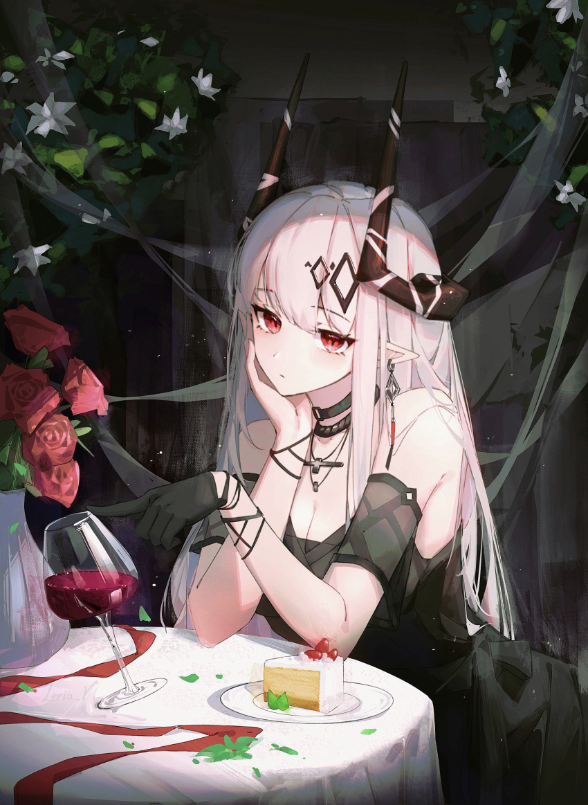 1girl absurdres alcohol arknights bare_shoulders black_dress black_gloves breasts cake cleavage closed_mouth commentary cross cross_necklace cup dress drinking_glass english_commentary food gloves grey_hair hand_on_own_cheek hand_on_own_face highres horns jewelry leria_v looking_at_viewer mudrock_(arknights) mudrock_(obsidian)_(arknights) necklace official_alternate_costume pointy_ears red_eyes red_wine single_glove sitting vase white_hair wine wine_glass