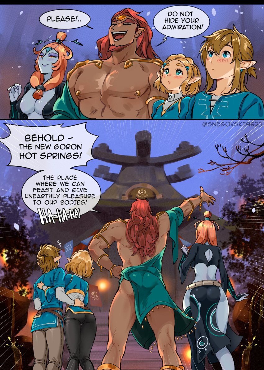 absurdres ass blush breasts colored_sclera colored_skin front_ponytail ganondorf height_difference highres large_breasts link long_hair midna midna_(true) muscular muscular_male orange_hair pointy_ears princess_zelda red_eyes rehydrated_ganondorf smile snegovski the_legend_of_zelda the_legend_of_zelda:_tears_of_the_kingdom the_legend_of_zelda:_twilight_princess yellow_sclera