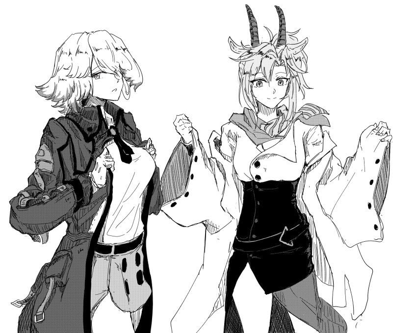 2girls absurdres animal_ears arknights belt belt_buckle black_coat black_necktie breasts brooch buckle coat cosplay costume_switch cowboy_shot earthspirit_(arknights) earthspirit_(arknights)_(cosplay) gloves goat_ears goat_girl goat_horns hair_over_one_eye highres horns jewelry medium_breasts miniskirt monochrome multiple_girls necktie orchid_(arknights) orchid_(arknights)_(cosplay) purokion_katou scarf shirt short_hair side_ponytail simple_background skirt small_breasts smile standing white_background white_coat white_shirt wide_sleeves