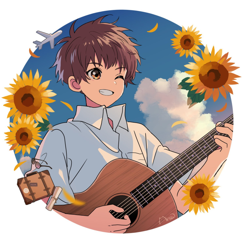 1boy ;d aircraft airplane arisa_(aren) border brown_hair cloud collared_shirt flower grin guitar highres holding holding_guitar holding_instrument instrument leaf looking_ahead male_focus one_eye_closed orange_eyes original round_image shirt short_hair short_sleeves signature smile solo suitcase sunflower sunglasses upper_body white_border white_shirt yellow_flower