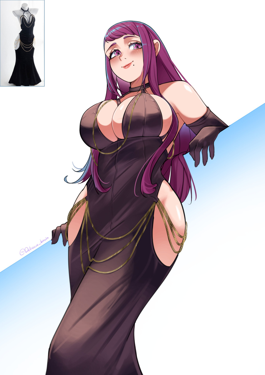 1girl absurdres alternate_costume bare_shoulders black_dress black_gloves blush breasts chain cleavage closed_mouth deliciousbrain dress elbow_gloves fire_emblem fire_emblem_engage from_below gloves gold_chain halter_dress halterneck highres hip_vent ivy_(fire_emblem) knee_up large_breasts leaning_on_object light_smile lipstick long_hair looking_at_viewer low_neckline makeup meme meme_attire modakawa_dress mole mole_on_cheek purple_eyes purple_hair red_lips simple_background solo swept_bangs tight_clothes tight_dress twitter_username white_background