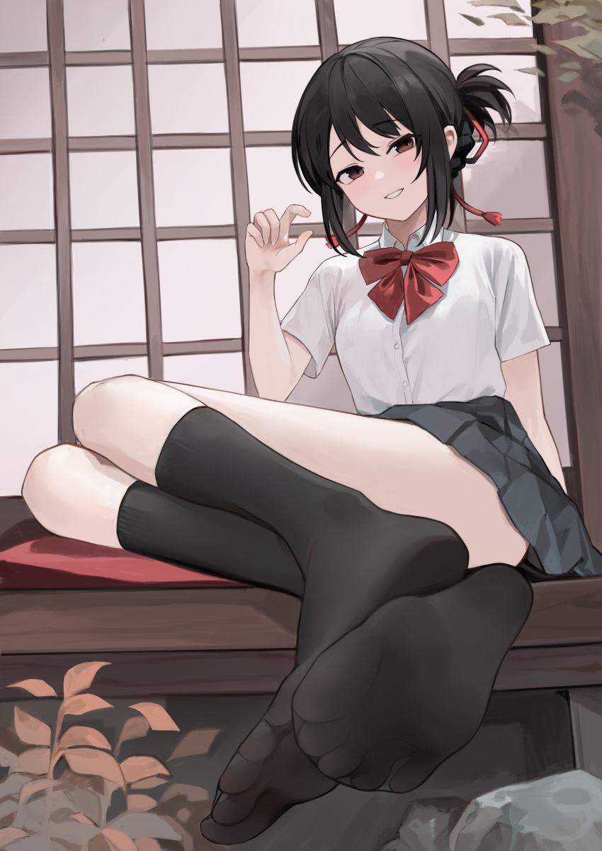 1girl absurdres architecture arm_at_side black_hair black_skirt black_socks blush bow brown_eyes collared_shirt commentary convenient_leg dress_shirt east_asian_architecture feet folded_ponytail foot_focus foreshortening full_body grin hair_between_eyes hair_ribbon hand_up highres kimi_no_na_wa. kneehighs looking_at_viewer medium_hair miniskirt miyamizu_mitsuha nagata_gata naughty_face no_shoes outdoors pleated_skirt red_bow red_ribbon ribbon school_uniform shirt short_sleeves sitting skirt smile socks soles solo toes tsurime white_shirt yokozuwari