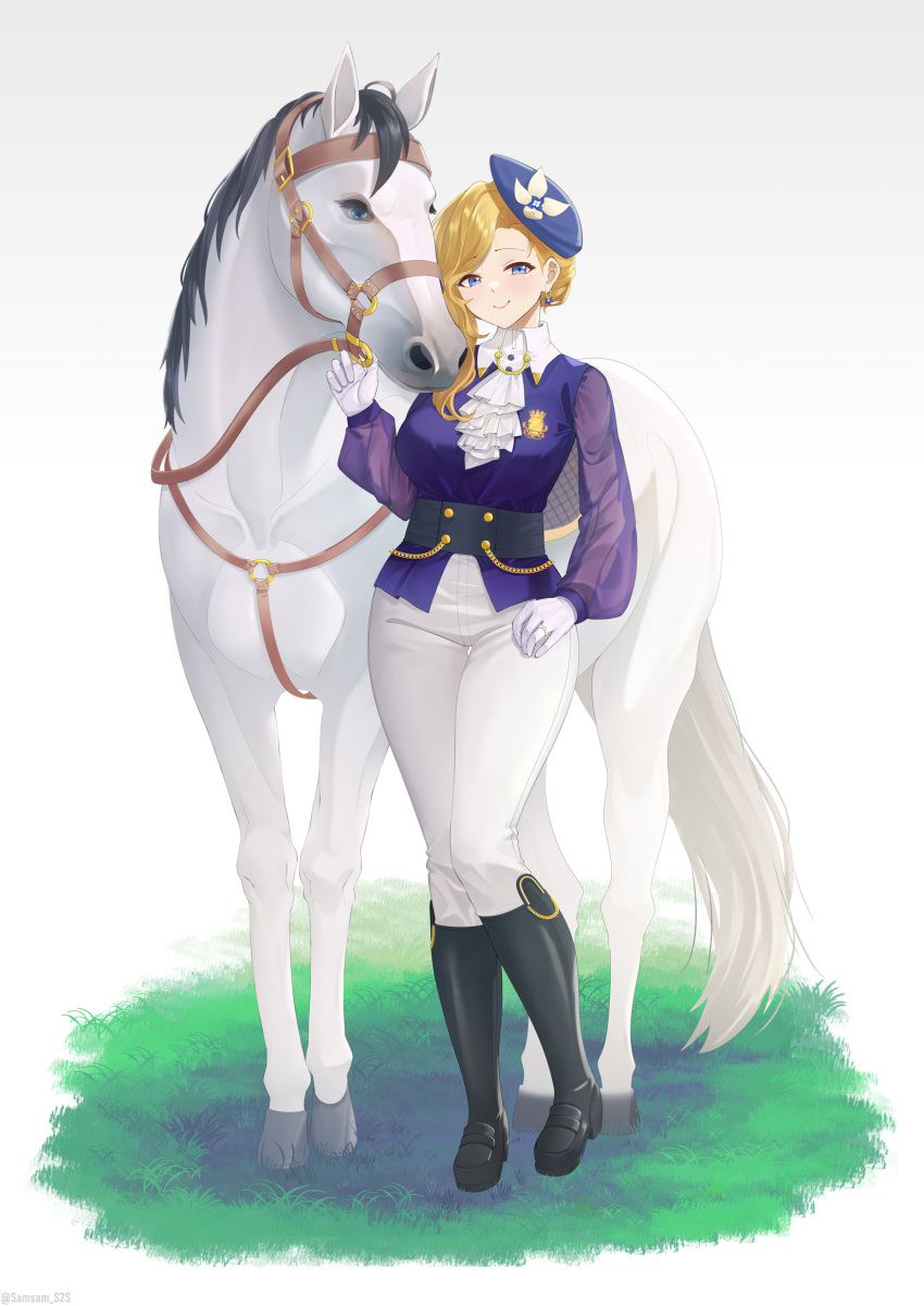 1girl animal ascot azur_lane black_footwear blonde_hair blue_eyes blue_headwear blue_jacket boots breasts closed_mouth earrings flower frilled_ascot frills gloves hat hat_flower highres holding holding_reins hood_(azur_lane) hood_(gentlewoman_and_stallion)_(azur_lane) horse jacket jewelry knee_boots long_hair long_sleeves looking_at_viewer medium_breasts official_alternate_costume pants pants_tucked_in reins riding_boots riding_outfit ring royal_navy_emblem_(azur_lane) samsam_s2s smile tilted_headwear uniform wedding_ring white_background white_gloves white_horse white_pants