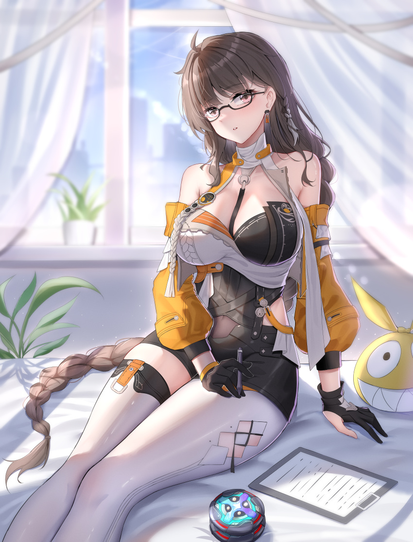 1girl absurdres bare_shoulders black-framed_eyewear black_gloves braid breasts brown_eyes brown_hair chinese_commentary cleavage commentary_request curtains earrings female_dreamseeker_(honkai_impact) glasses gloves highres holding homu_(honkai_impact) honkai_(series) honkai_impact_3rd indoors jacket jewelry large_breasts long_hair long_sleeves looking_at_viewer orange_jacket parted_lips pen plant single_braid sitting solo stuffed_toy thighhighs very_long_hair white_thighhighs window ying_ling