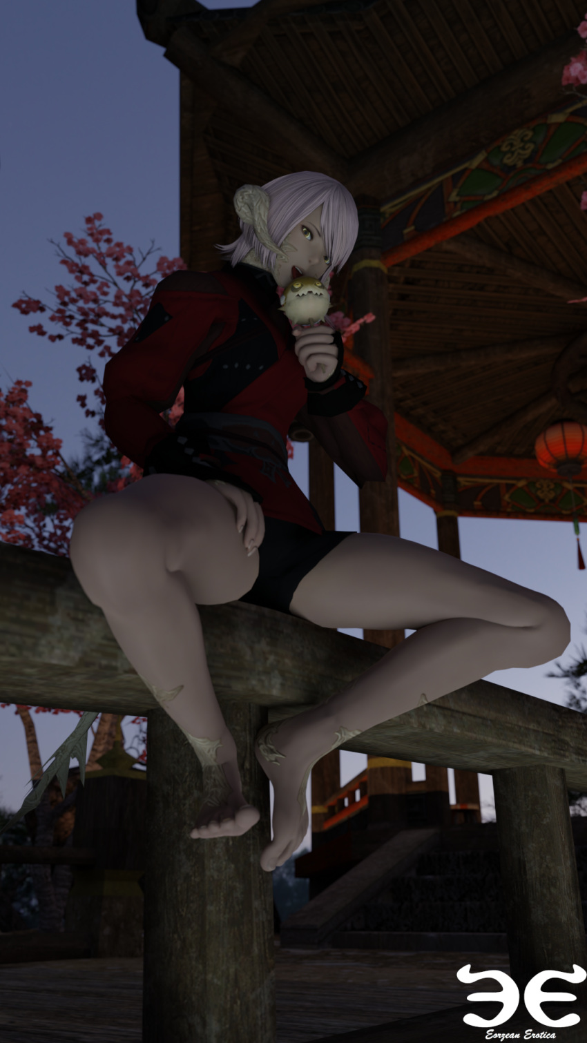 1girl architecture au_ra barefoot bike_shorts black_shorts bomb_(final_fantasy) candy cherry_blossoms dragon_girl dragon_horns dragon_tail east_asian_architecture eorzean_erotica evening feet final_fantasy final_fantasy_xiv food glowing glowing_eyes highres holding holding_candy holding_food horns licking lizard_tail long_sleeves looking_at_viewer ninja on_railing outdoors pink_hair railing reptile_girl scales short_hair shorts sitting tail toes tongue tongue_out watermark yellow_eyes yuki_yatsurugi