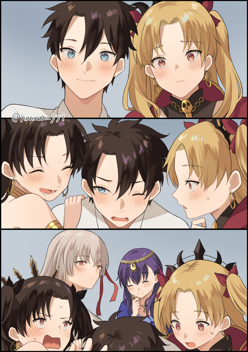 1boy 4girls black_bow black_hair blonde_hair blue_background blue_eyes blush bow chaldea_uniform circlet closed_eyes closed_mouth commentary_request durga_(fate) earrings ereshkigal_(fate) fate/grand_order fate_(series) fujimaru_ritsuka_(male) hair_between_eyes hair_bow hair_ribbon haniwa_yyi highres hoop_earrings ishtar_(fate) jewelry long_hair looking_at_another looking_at_viewer lower_teeth_only matou_sakura multiple_girls one_eye_closed open_mouth parted_bangs parvati_(fate) pink_ribbon profile purple_hair red_bow red_eyes red_ribbon ribbon siblings simple_background sisters smile sweatdrop teeth tiara twitter_username two_side_up white_hair