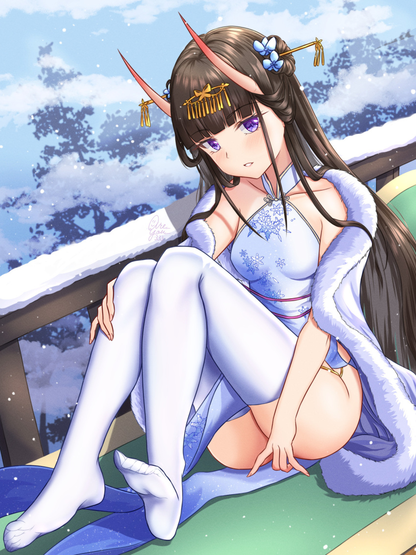 1girl :d are_you_333 ass azur_lane bare_shoulders black_hair blush breasts brown_hair china_dress chinese_clothes coat commentary_request day dress from_side full_body fur-trimmed_coat fur_trim grin hair_ornament hand_on_own_knee highres knees_together_feet_apart knees_up long_hair looking_at_viewer no_panties noshiro_(azur_lane) oni outdoors parted_lips purple_eyes small_breasts smile snowflake_print snowflakes snowing solo thighhighs upskirt very_long_hair