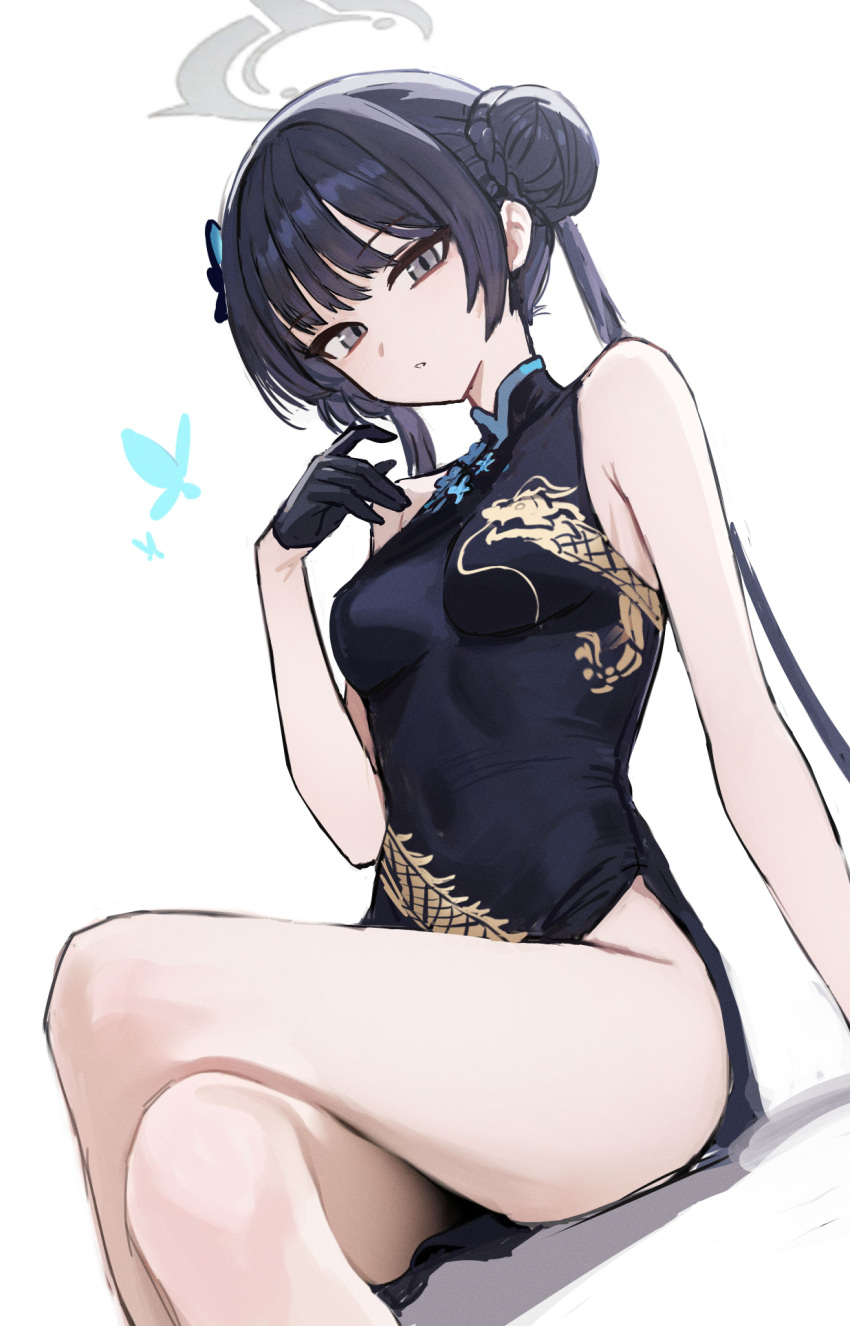 1girl black_dress black_gloves black_hair blue_archive butterfly_hair_ornament china_dress chinese_clothes double_bun dragon_print dress feet_out_of_frame gloves grey_eyes grey_halo groin hair_bun hair_ornament halo highres kisaki_(blue_archive) long_hair looking_at_viewer parted_lips purple_z simple_background sleeveless sleeveless_dress solo twintails white_background