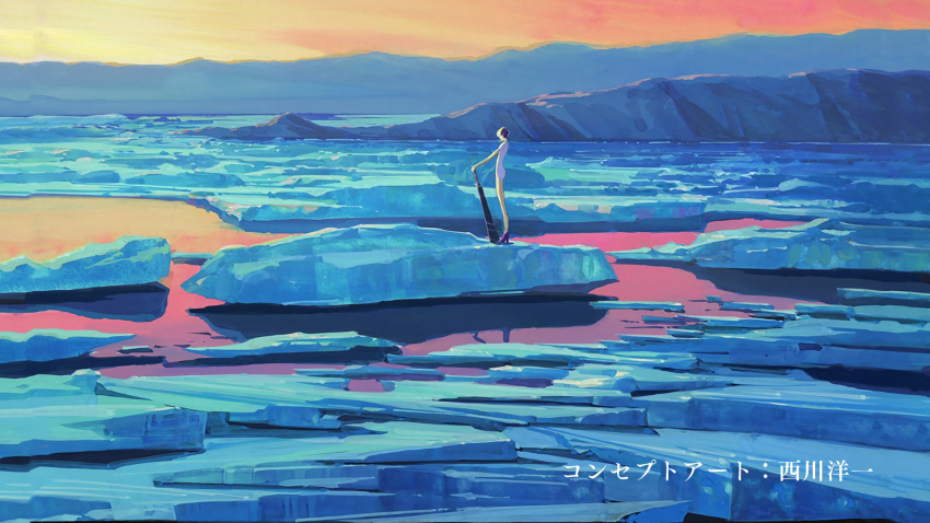 androgynous blue_hair crystal_hair from_side frozen_lake golden_arms high_heels highres holding holding_sword holding_weapon houseki_no_kuni ice lake landscape looking_afar mountainous_horizon nishikawa_youichi phosphophyllite phosphophyllite_(gemstone) phosphophyllite_(ll) scenery short_hair sky sunset sword weapon winter