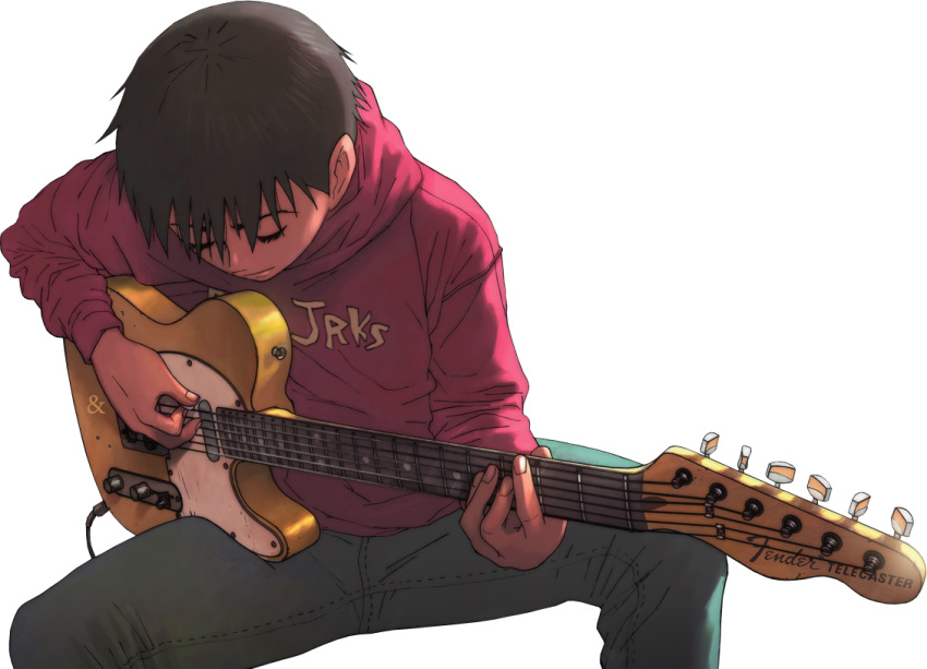 1boy beck black_hair electric_guitar extraction fender_telecaster green_pants guitar hood hoodie instrument music official_art pants playing_guitar playing_instrument red_hoodie sarcasticgota short_hair solo spread_legs tanaka_yukio third-party_edit transparent transparent_background