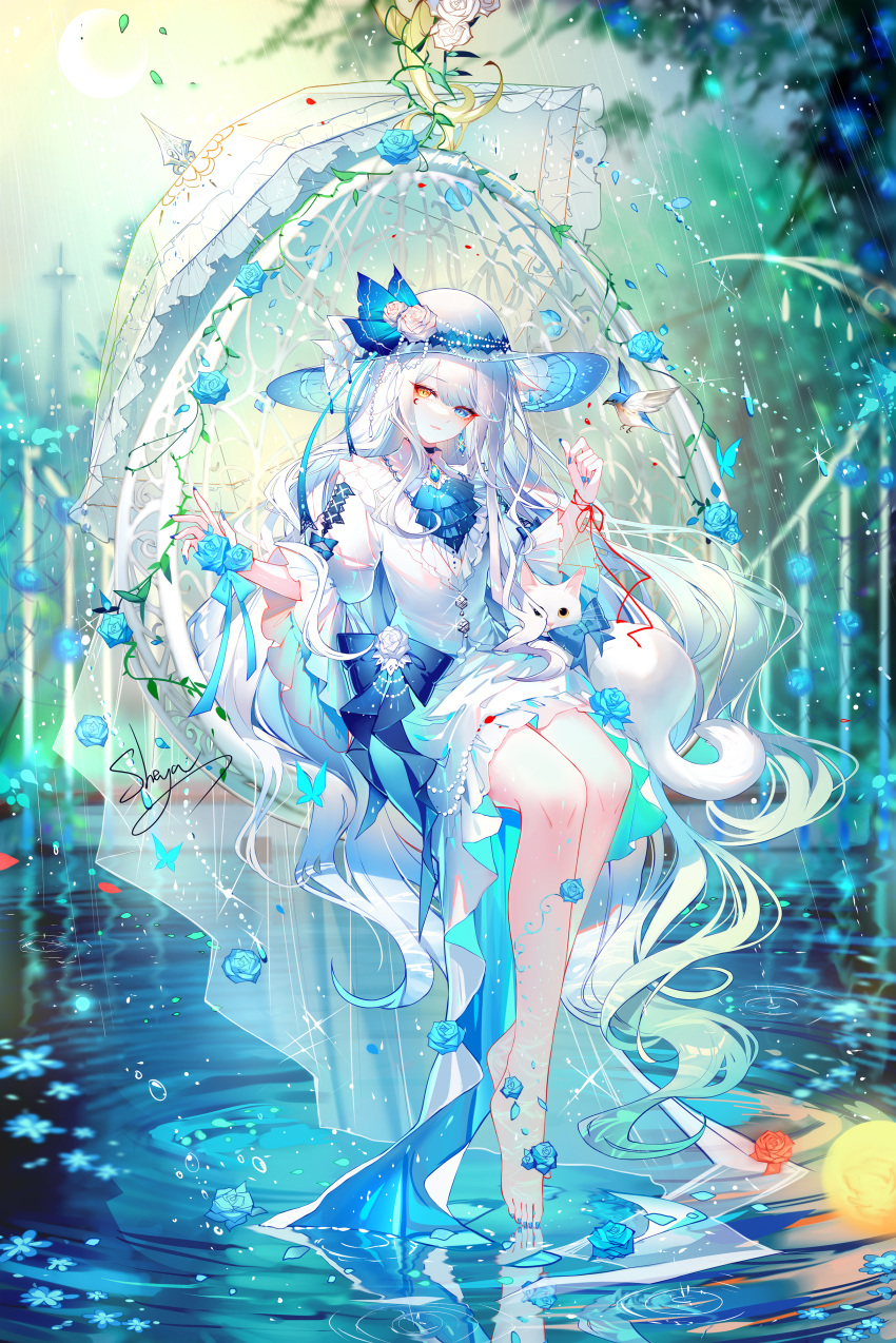 1girl absurdres ascot barefoot blue_ascot blue_eyes cat commentary_request dress highres long_hair original sheya sitting solo very_long_hair white_cat white_dress white_hair white_headwear yellow_eyes