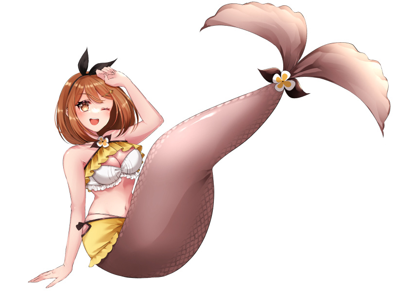 1girl ;d atelier_(series) atelier_ryza atelier_ryza_1 bikini black_hairband black_ribbon blush breasts brown_eyes brown_hair cleavage collarbone commentary_request commission flower frilled_bikini frills full_body hair_ornament hair_ribbon hairband highres large_breasts looking_at_viewer looking_back mermaid monster_girl monsterification navel one_eye_closed open_mouth reisalin_stout ribbon scales simple_background skeb_commission smile solo swimsuit tail tail_flower tail_ornament teeth tongue upper_teeth_only white_background white_bikini yuzuca_(trickster4594)