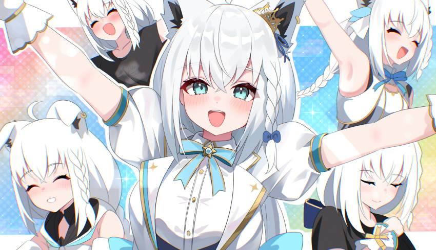 1girl :d absurdres ahoge alternate_costume animal_ear_fluff animal_ears aqua_bow aqua_bowtie arm_up armpits arms_up black_shirt blue_eyes blush bow bowtie braid braided_ponytail closed_eyes closed_mouth collared_shirt commentary_request detached_sleeves earrings extra_ears fox_ears fox_girl gold_trim grin hair_between_eyes hair_ribbon highres hololive hololive_idol_uniform_(bright) hood hoodie idol idol_clothes jacket jewelry kumarang lapels long_hair low_ponytail multiple_views notched_lapels official_alternate_costume open_clothes open_jacket open_mouth puffy_short_sleeves puffy_sleeves ribbon shirakami_fubuki shirakami_fubuki_(1st_costume) shirt short_sleeves side_braid sidelocks single_earring smile solo t-shirt tiara underbust upper_body virtual_youtuber white_hair white_hoodie white_jacket white_shirt white_sleeves white_wrist_cuffs wrist_cuffs