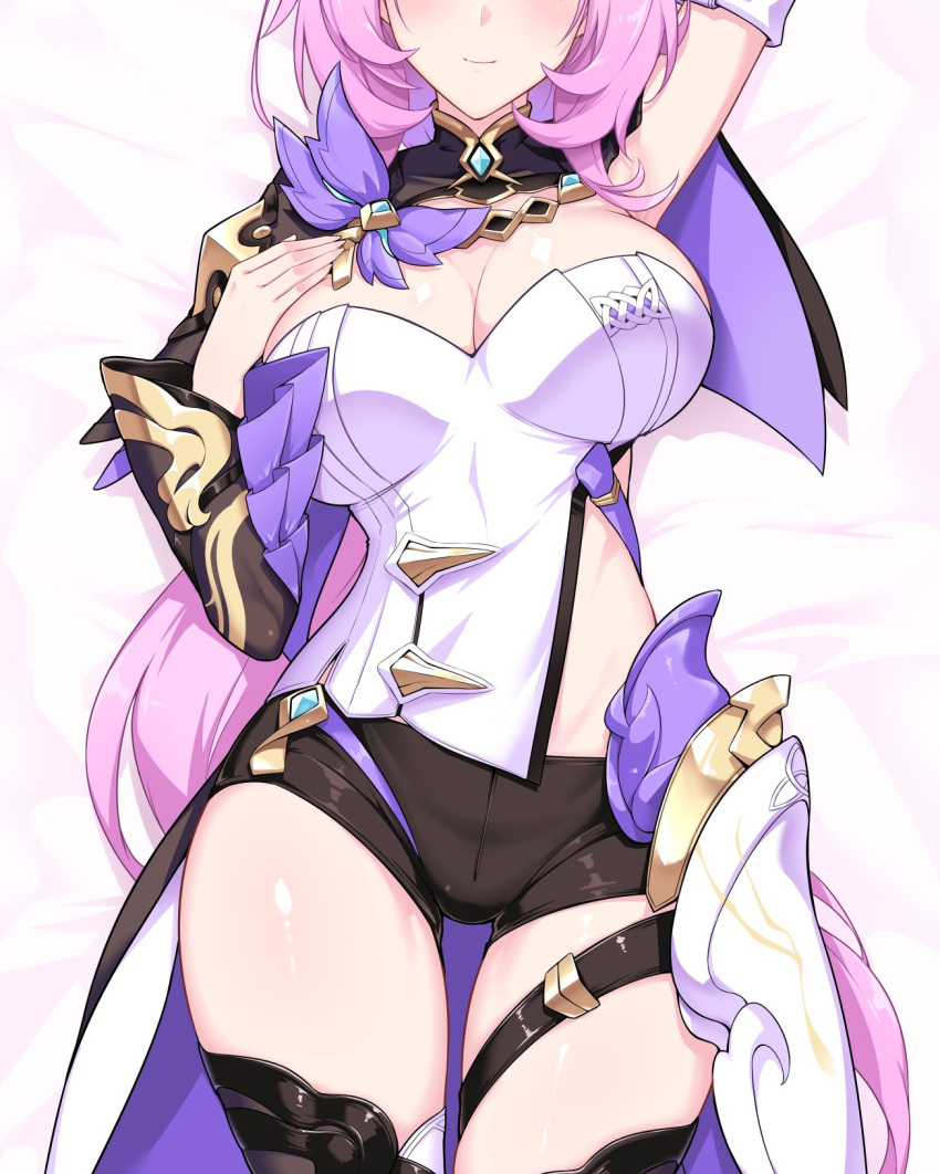 1girl arm_up armor black_shorts black_thighhighs blush breasts cleavage closed_mouth commentary cowboy_shot elysia_(honkai_impact) facing_viewer frilled_sleeves frills from_above gold_trim halcon hand_on_own_chest head_out_of_frame highres honkai_(series) honkai_impact_3rd large_breasts long_hair lying on_back pink_hair shirt short_shorts shorts shrug_(clothing) smile solo strapless strapless_shirt thigh_strap thighhighs very_long_hair white_shirt