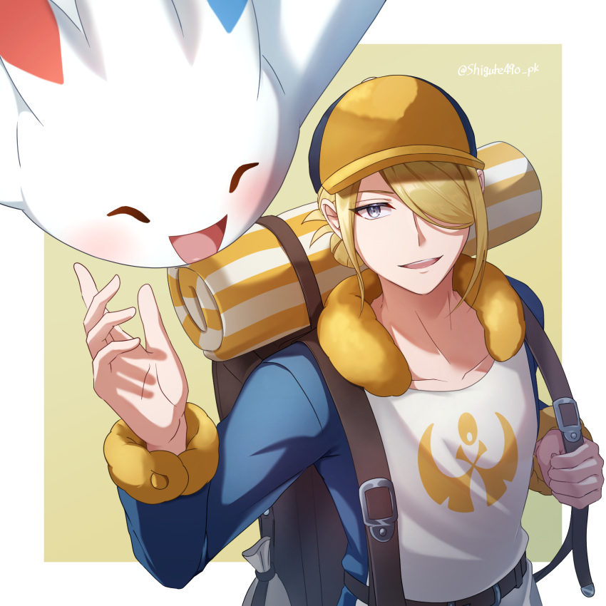 1boy belt blonde_hair blue_jumpsuit border collarbone commentary_request fur-trimmed_jumpsuit fur_trim green_background grey_eyes hair_over_one_eye hat highres holding_strap jumpsuit long_sleeves male_focus open_mouth outside_border pokemon pokemon_(creature) pokemon_legends:_arceus shigure_(zkeh8834) smile teeth togekiss upper_body upper_teeth_only volo_(pokemon) white_border yellow_headwear