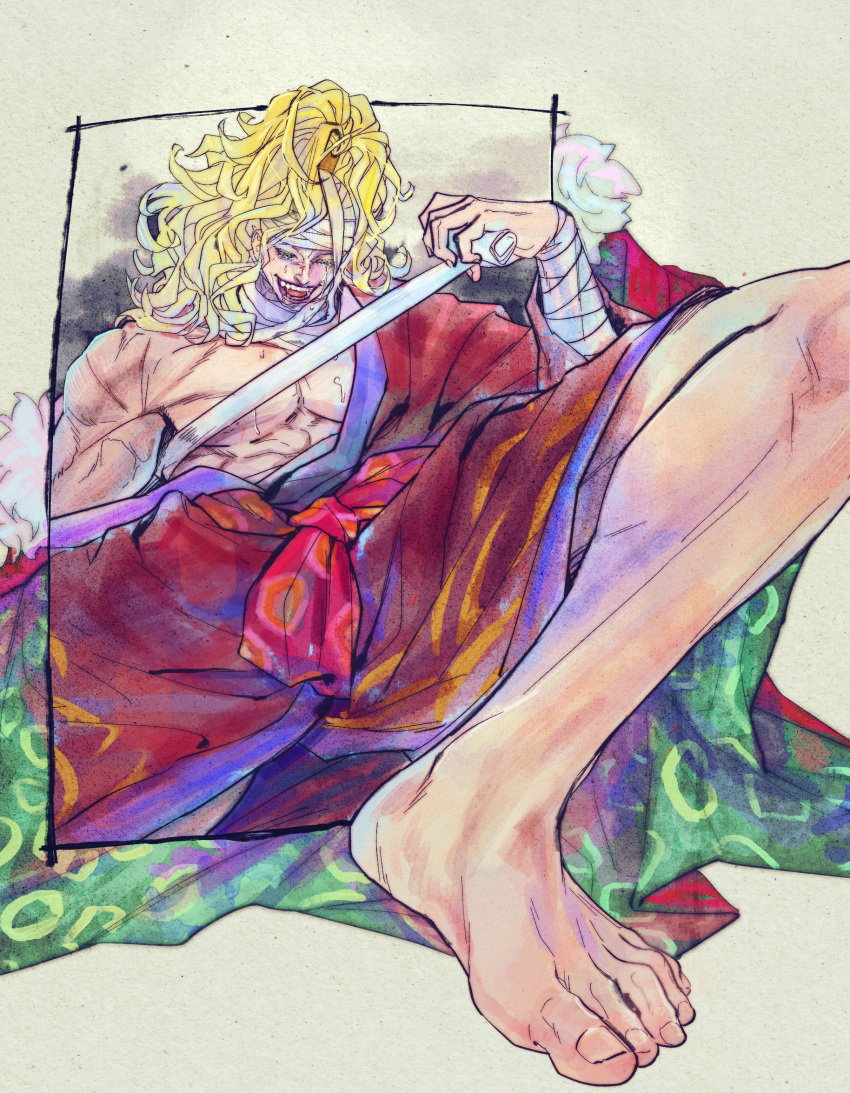 1boy bandaged_arm bandaged_head bandages bare_pectorals blonde_hair crying crying_with_eyes_open eg_(eastg111) foot_out_of_frame forced_perspective high_ponytail highres japanese_clothes killer_(one_piece) kimono long_hair male_focus muscular muscular_male one_piece pectorals purple_lips red_kimono sharp_teeth simple_background smile solo streaming_tears tears teeth wide_ponytail