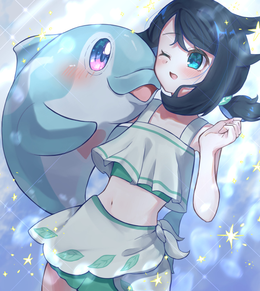 1girl absurdres affectionate black_hair blush commentary_request green_eyes hand_up highres liko_(pokemon) navel one_eye_closed open_mouth palafin pokemon pokemon_(anime) pokemon_(creature) pokemon_horizons short_ponytail smile swimsuit tomu_(adamu_shiny) underwater