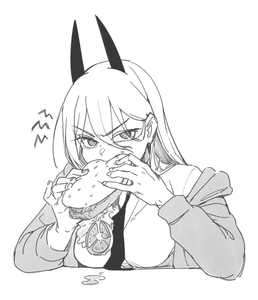 1girl breasts burger burger_malfunction chainsaw_man cross-shaped_pupils demon_horns eating fingernails food food_on_face greyscale hands_up highres holding holding_food horns jacket long_hair looking_at_viewer monochrome necktie power_(chainsaw_man) sake_goroke shirt solo symbol-shaped_pupils upper_body v-shaped_eyebrows