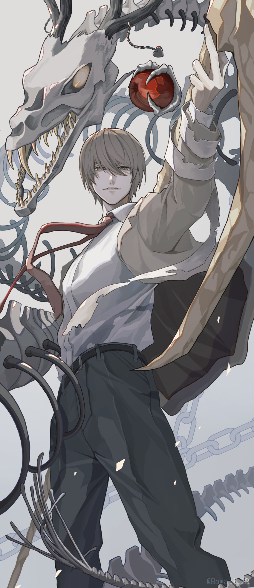 1boy absurdres apple brown_hair chain collared_shirt death_note food fruit full_body grey_background grey_pants hair_between_eyes highres holding holding_food holding_fruit holding_scythe looking_at_viewer male_focus necktie pants red_apple red_necktie school_uniform scythe shirt short_hair skeleton solo_focus standing twitter_username user_tjwf7547 white_shirt yagami_light