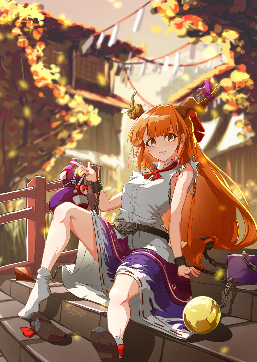1girl absurdres autumn_leaves bow brown_horns chain commentary_request cube full_body gourd hair_bow highres horn_bow horn_ornament horns ibuki_suika long_hair looking_at_viewer medium_bangs orange_eyes orb outdoors purple_bow purple_skirt railing red_bow ribbon-trimmed_skirt ribbon_trim schnuz shide shirt shoes single_shoe sitting sitting_on_stairs skirt sleeveless sleeveless_shirt smile socks solo stairs touhou very_long_hair white_shirt white_socks