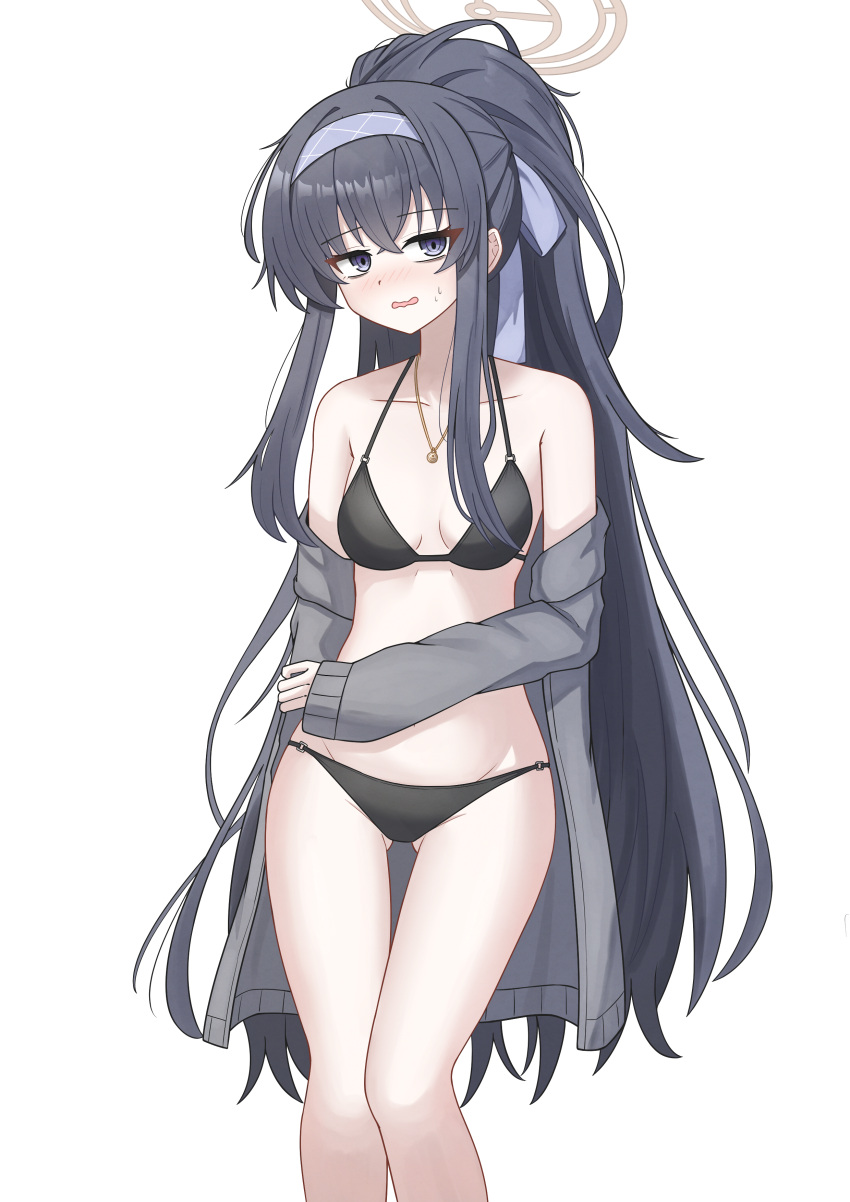 1girl absurdres ass_visible_through_thighs averting_eyes bikini black_bikini black_hair blue_archive blush breasts coat crossed_bangs embarrassed eyes_visible_through_hair feet_out_of_frame grey_coat groin hair_ribbon hairband highres jewelry long_hair mollra necklace nose_blush o-ring off_shoulder official_alternate_costume open_clothes open_coat open_mouth purple_eyes purple_hairband purple_ribbon ribbon sidelocks simple_background sleeves_past_wrists small_breasts solo standing sweatdrop swimsuit ui_(blue_archive) ui_(swimsuit)_(blue_archive) very_long_hair wavy_mouth white_background
