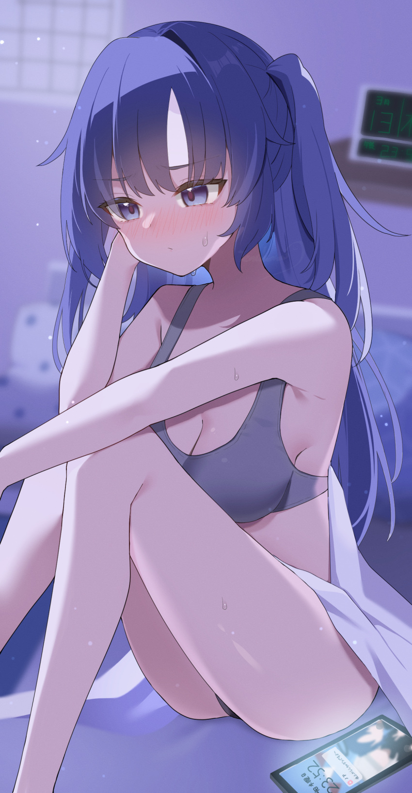 1girl absurdres ass aur_hkgn blue_archive blush bra breasts cellphone cleavage closed_mouth grey_bra highres large_breasts long_hair phone purple_eyes purple_hair smartphone solo two_side_up underwear yuuka_(blue_archive)