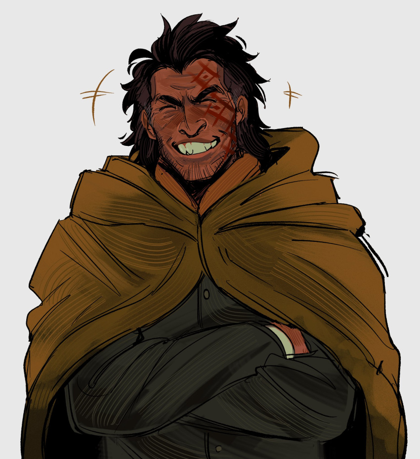 1boy bara beard_stubble big_nose black_hair brown_coat coat crossed_arms dark_skin dentdechieng facial_hair green_jacket highres jacket long_hair male_focus monkey_d._dragon one_piece scar scar_on_face sharp_teeth smile stubble teeth thick_eyebrows white_background