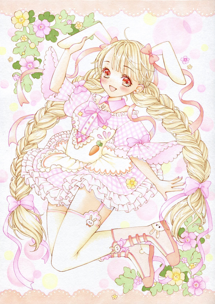 1girl :d animal_ears apron blonde_hair blush bow braid collar detached_collar dress earrings flower frilled_dress frills full_body garter_straps hair_bow hair_ribbon highres jewelry long_hair looking_at_viewer open_mouth original painting_(medium) pink_bow pink_dress pink_ribbon plaid plaid_dress puffy_sleeves rabbit_ears red_eyes ribbon short_sleeves smile solo thighhighs traditional_media twin_braids twintails very_long_hair watercolor_(medium) white_thighhighs xkotonohax
