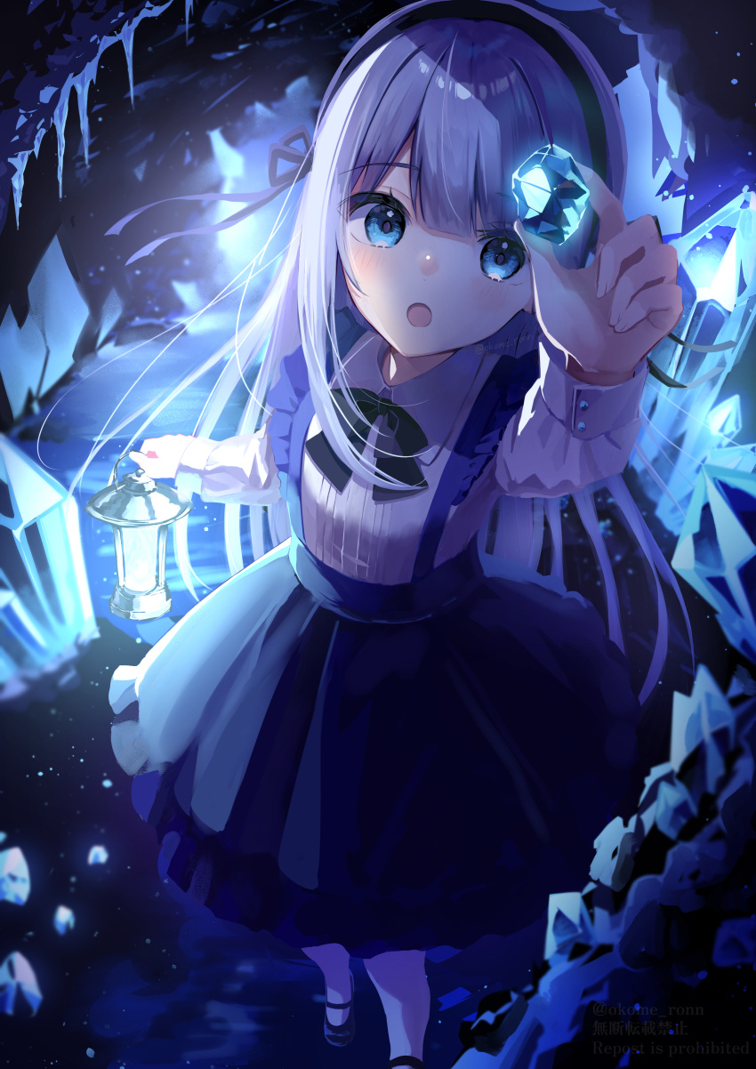 1girl absurdres blue_eyes bow bowtie cave collared_shirt crystal from_above glowing_crystal grey_hair hairband highres holding holding_lantern lantern long_hair long_sleeves mary_janes meronnpannpi open_mouth original shirt shoes skirt stalagmite suspender_skirt suspenders very_long_hair