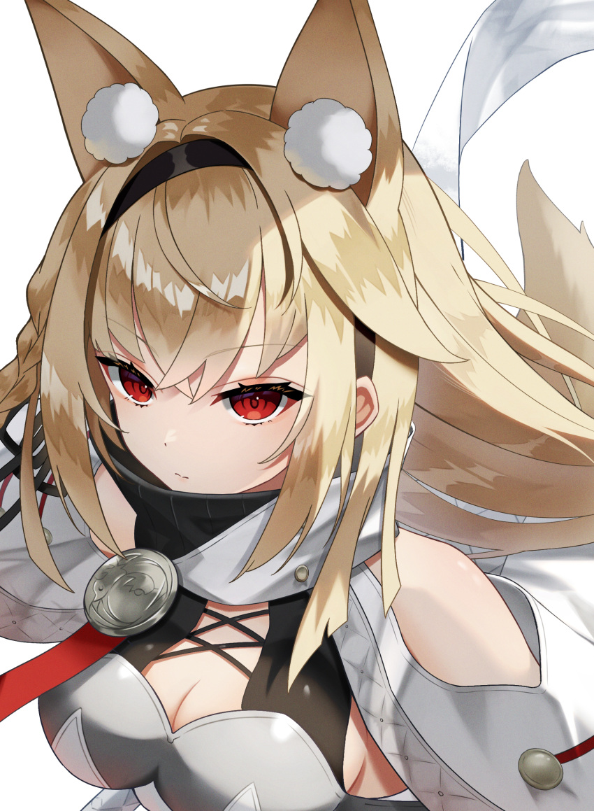 1girl absurdres animal_ear_fluff animal_ears bare_shoulders black_hairband blonde_hair breasts cleavage cleavage_cutout closed_mouth clothing_cutout clothing_request commentary_request copyright_request expressionless fox_ears fox_girl fox_tail hair_between_eyes hair_intakes hairband highres medium_breasts minakami_kuon_(vtuber) red_eyes shrug_(clothing) sideboob sidelocks solo tail telu_(teluscarlet) upper_body variant_set virtual_youtuber white_shrug