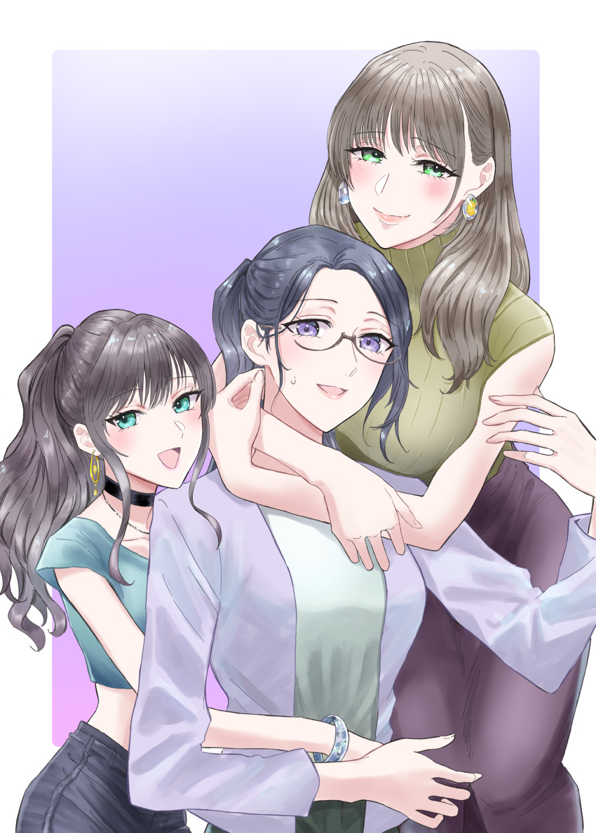 3girls absurdres arms_around_neck black_choker black_hair black_pants blue_shirt blush bracelet brown_hair choker closed_mouth commentary_request earrings glasses gradient_background green_eyes green_shirt green_sweater highres hug hug_from_behind jacket jewelry long_hair looking_at_viewer multiple_girls necklace open_mouth original pants ponytail purple_background purple_eyes purple_jacket purple_skirt ribbed_sweater shirt skirt sleeveless sleeveless_sweater smile sweatdrop sweater white_background yuri yuri_kyanon