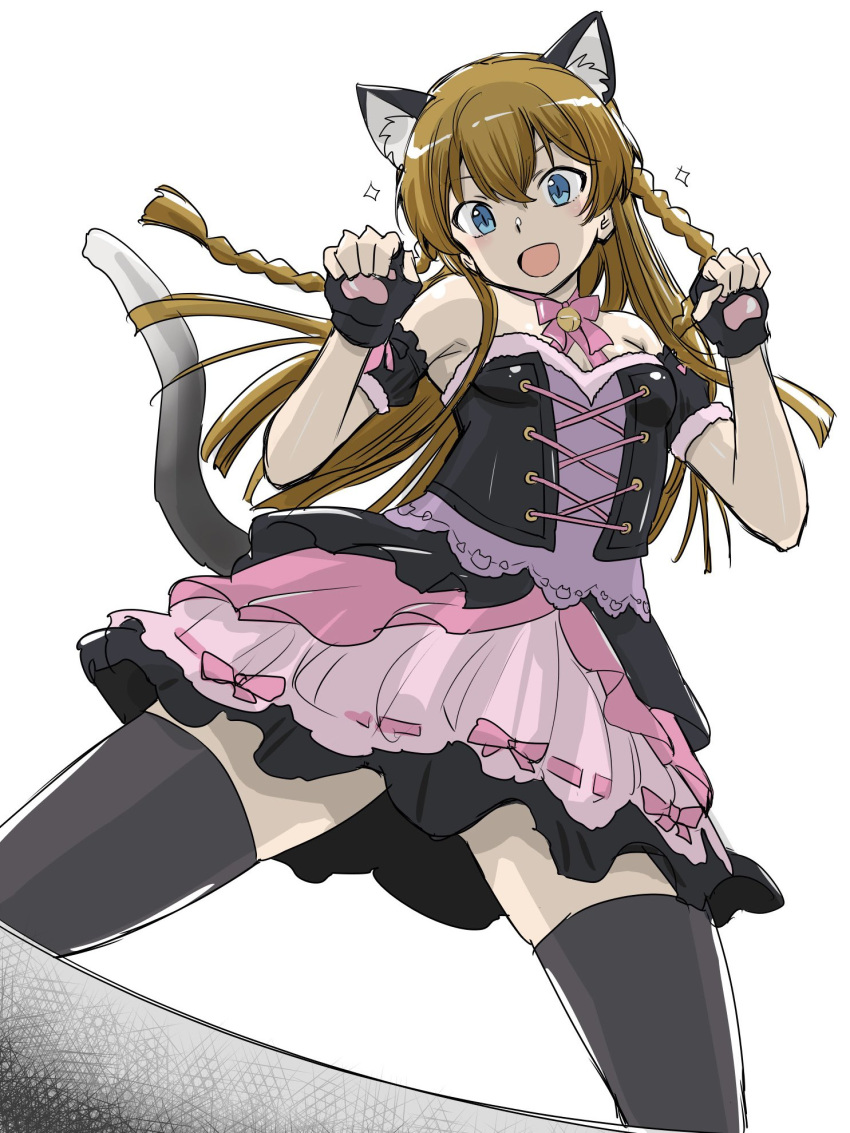 1girl animal_ears armpits bare_shoulders bell black_dress black_thighhighs blue_eyes blush bow bowtie braid brown_hair cat_ears cat_tail corset cowboy_shot detached_sleeves dot_nose dress fake_animal_ears fake_tail fingerless_gloves frilled_dress frilled_skirt frills from_below gloves hair_between_eyes head_tilt highres idolmaster idolmaster_million_live! idolmaster_million_live!_theater_days kousaka_umi long_hair looking_at_viewer matcha_kingyo neck_bell nyannyan_cat's_eye_(idolmaster) official_alternate_costume open_mouth parted_bangs paw_pose pink_bow pink_bowtie pink_dress ribbon-trimmed_skirt ribbon_trim sidelocks simple_background skirt smile solo sparkle tail thighhighs twin_braids v-shaped_eyebrows white_background wrist_cuffs zettai_ryouiki