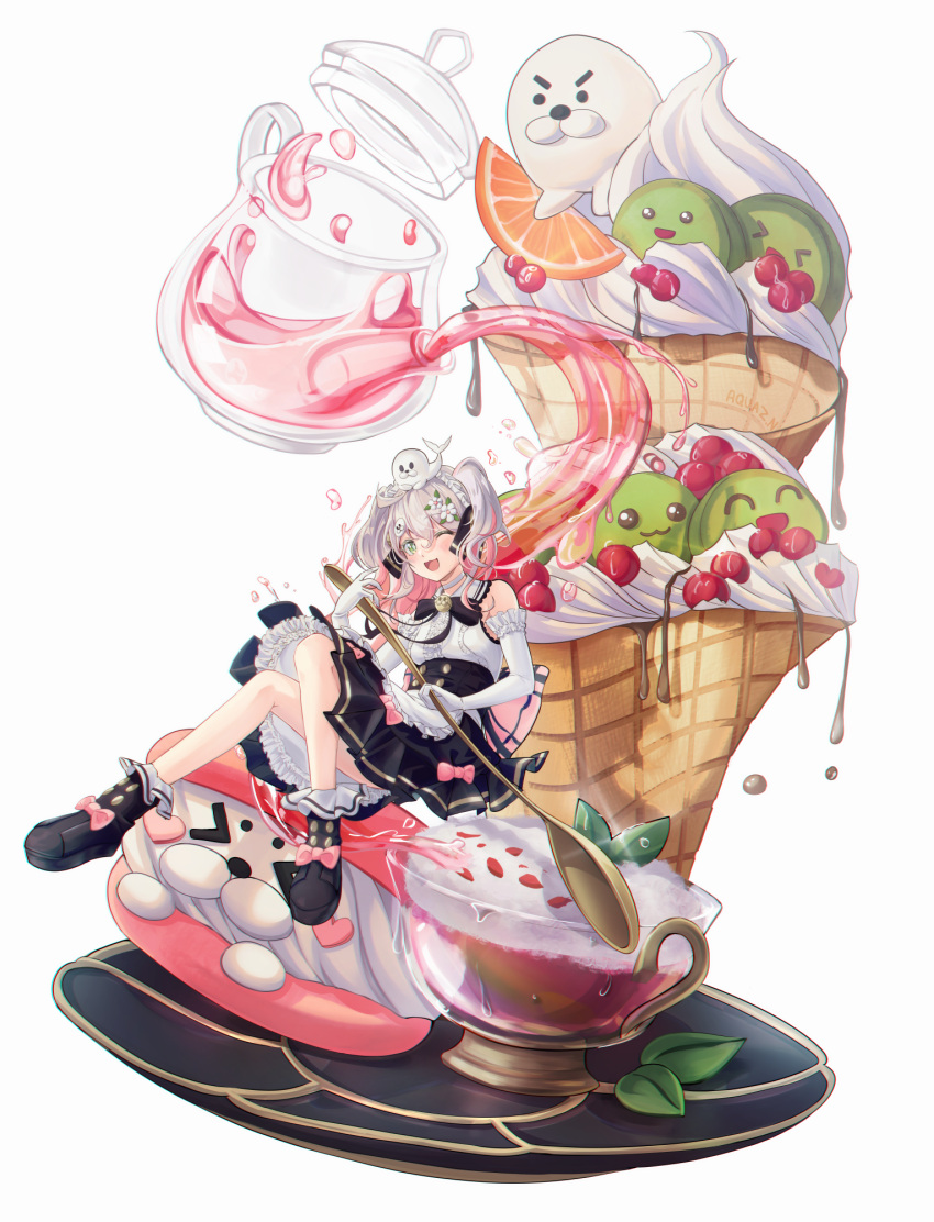 1girl :3 animal animal-themed_food animal_on_head back_bow blue_eyes blush boots bow bowtie choker colored_inner_hair crepe cup dress dripping elbow_gloves flower food footwear_bow fruit full_body gloves grey_hair hair_flower hair_ornament highres holding holding_spoon lazy_cat long_hair macaron maid_headdress multicolored_hair on_head one_eye_closed open_mouth orange_(fruit) orange_slice original oversized_object pink_hair pouring seal_(animal) sitting sleeveless sleeveless_dress smile solo spoon tea teacup teapot two_side_up whipped_cream