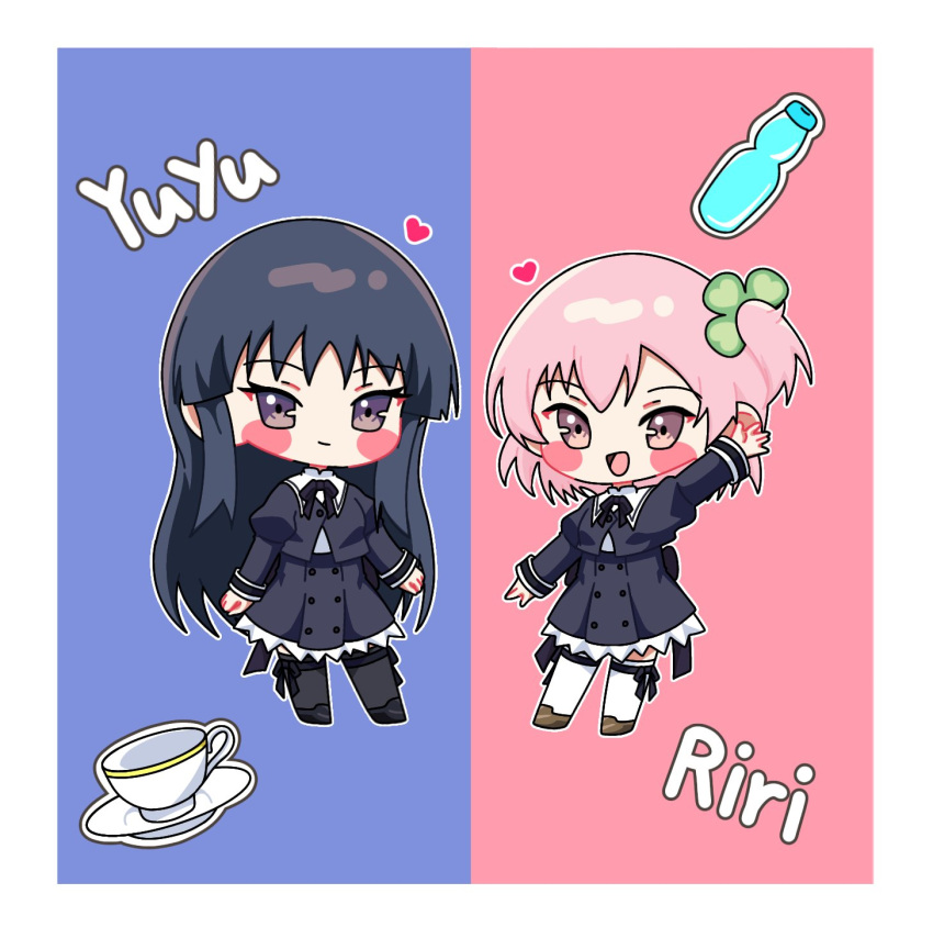 2girls :d arm_at_side arm_up assault_lily black_footwear black_hair black_ribbon black_skirt black_thighhighs blue_background blush border bottle brown_footwear buttons character_name chibi closed_mouth clover_hair_ornament commentary cropped_jacket cup four-leaf_clover_hair_ornament frilled_skirt frills full_body hair_ornament heart high-waist_skirt highres hitotsuyanagi_riri juliet_sleeves leg_ribbon long_hair long_sleeves miniskirt multiple_girls neck_ribbon one_side_up open_mouth outstretched_arm pink_eyes pink_hair puffy_sleeves purple_eyes ramune red_background ribbon saucer school_uniform shirai_yuyu shirt shoes short_hair skirt smile standing symbol-only_commentary teacup thigh_ribbon thighhighs two-tone_background very_long_hair white_border white_shirt white_thighhighs yui_(yui1115_) yurigaoka_girls_academy_school_uniform