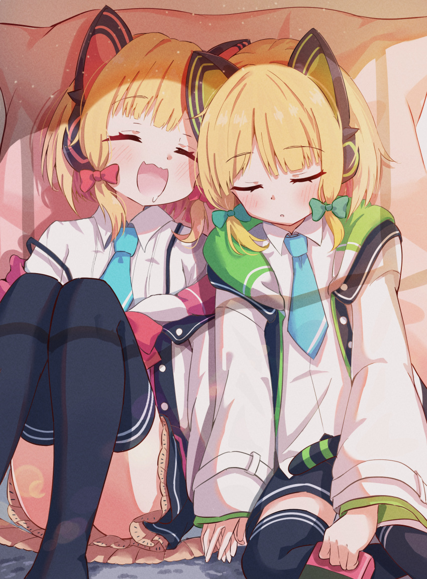 2girls animal_ear_headphones animal_ears black_shorts black_thighhighs blonde_hair blue_archive blue_necktie blush cat_tail collared_shirt drooling fake_animal_ears headphones highres jacket long_sleeves midori_(blue_archive) mikumiku37 momoi_(blue_archive) multiple_girls necktie open_clothes open_jacket open_mouth parted_lips shirt short_hair shorts siblings sisters sleeping smile tail thighhighs twins white_jacket white_shirt